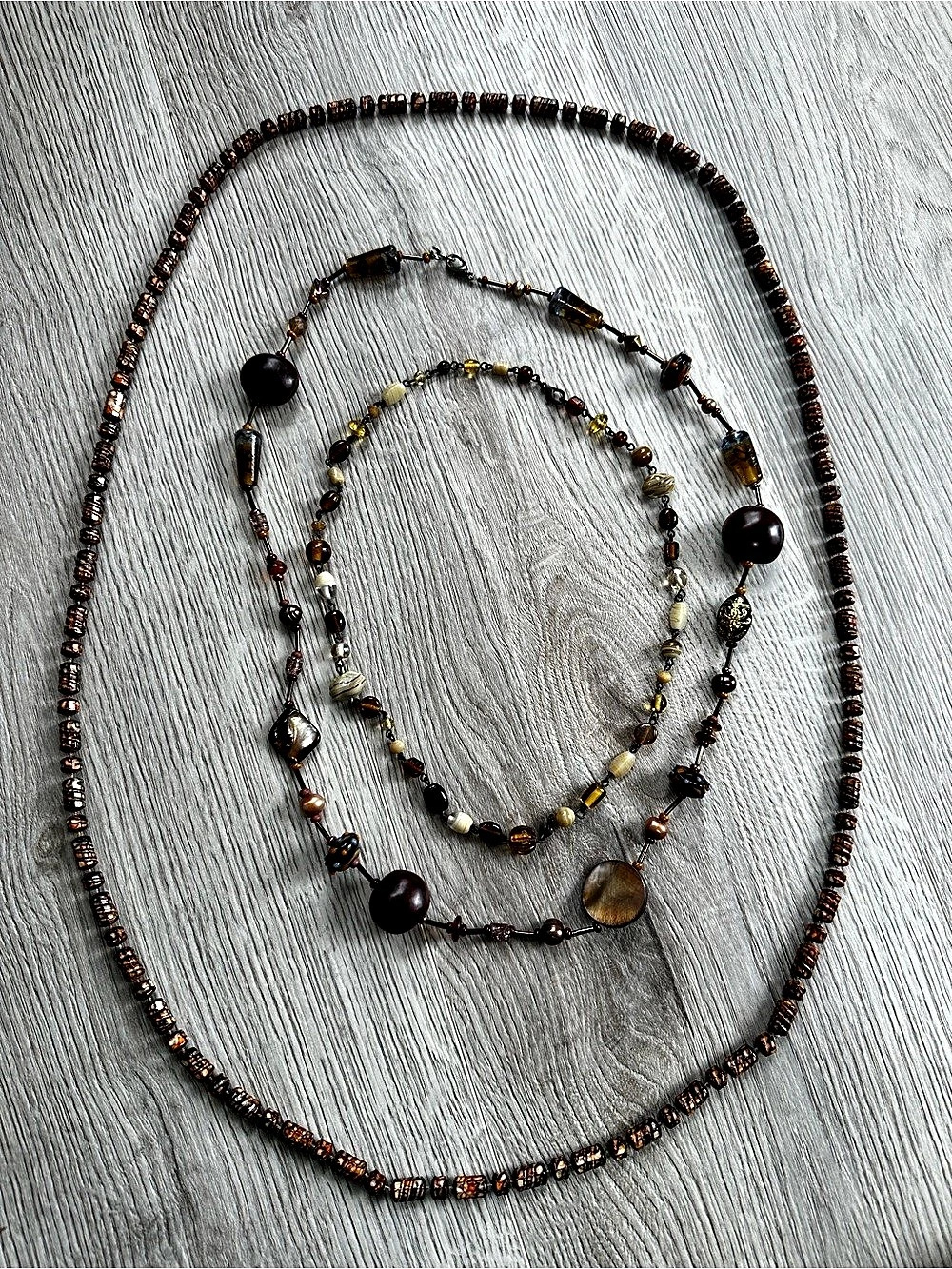 Boho Earth Tone Necklace Lot of 3 Glass, Hand-Blown Murano & Kukui Nut